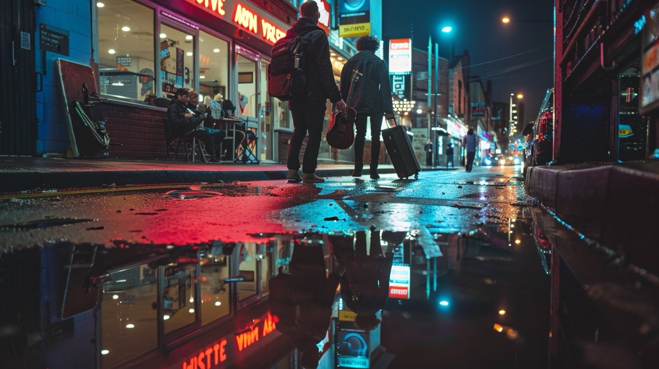Gritty nighttime street scene in Sheffield, Arctic Monkeys early era atmosphere